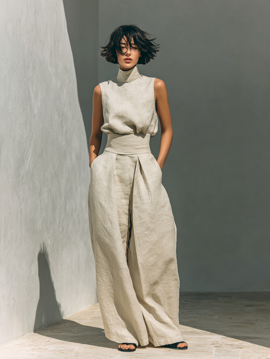 Set minimalista da donna in cotone e lino con blusa senza maniche e pantaloni a gamba larga