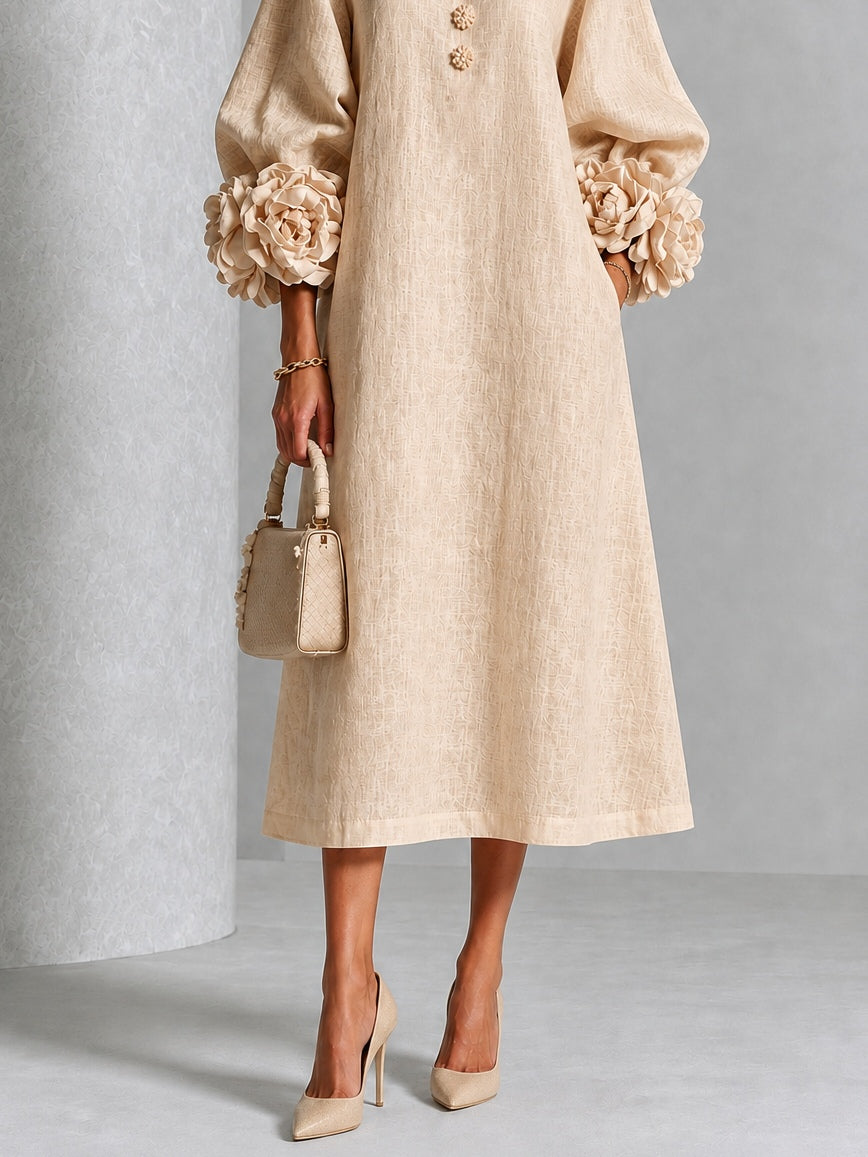 Abito Midi Beige a Fiori con Bottoni e Maniche a Fiori Stravaganti