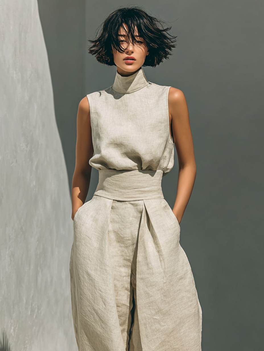 Set minimalista da donna in cotone e lino con blusa senza maniche e pantaloni a gamba larga