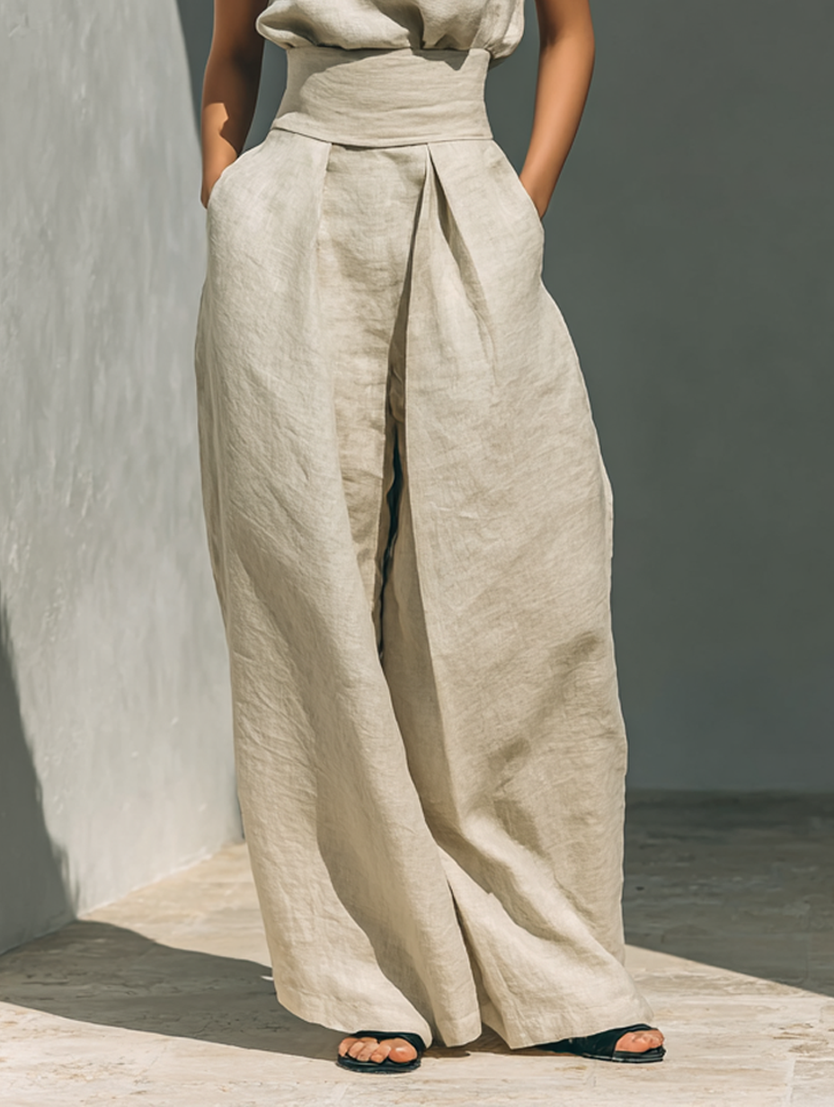 Set minimalista da donna in cotone e lino con blusa senza maniche e pantaloni a gamba larga