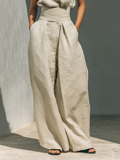 Set minimalista da donna in cotone e lino con blusa senza maniche e pantaloni a gamba larga