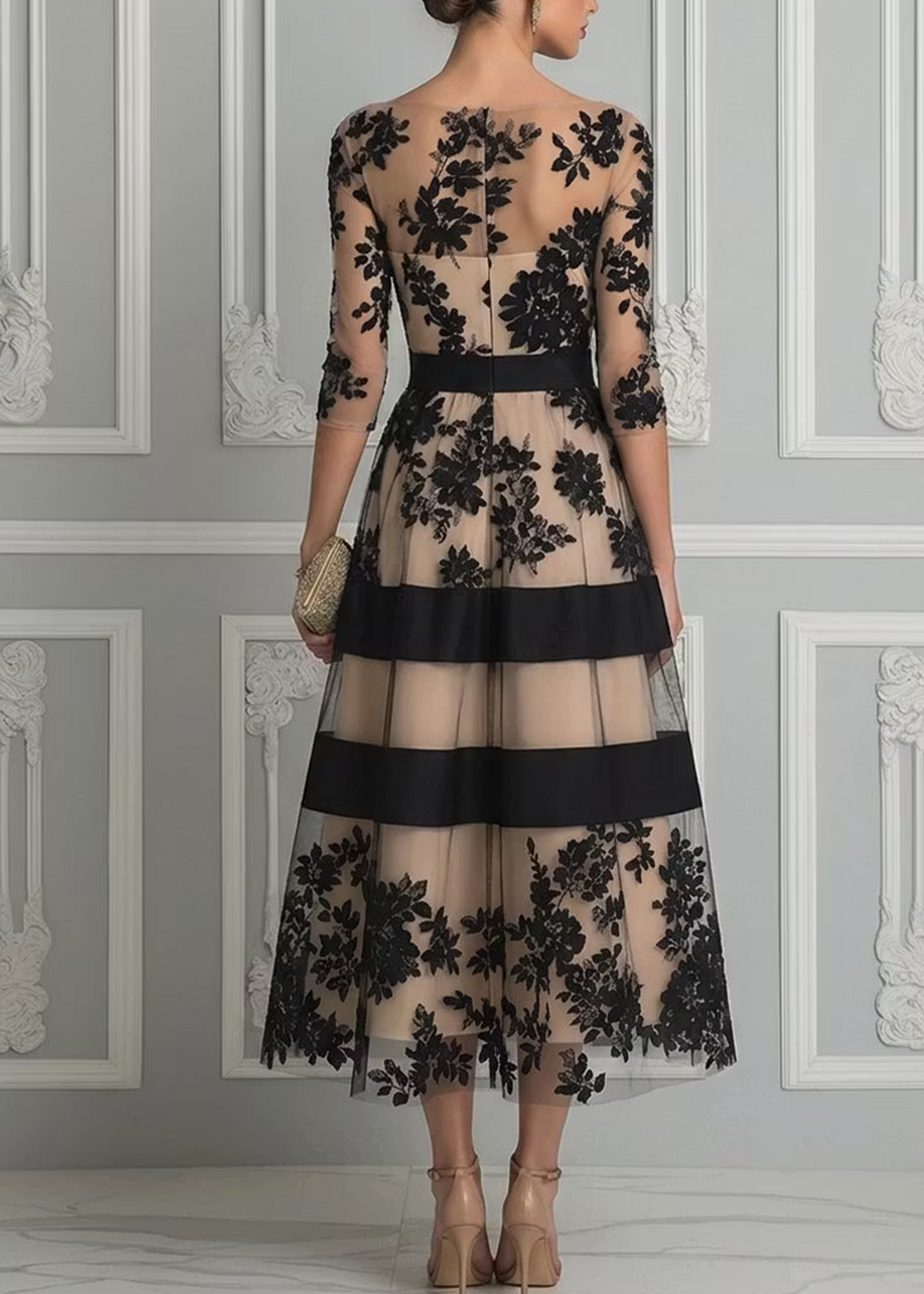 Abito Midi A Linea Elegante in Pizzo Nero