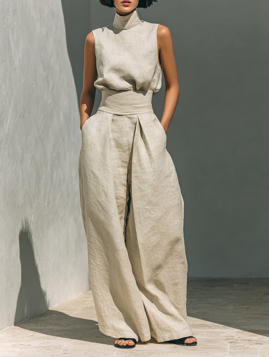 Set minimalista da donna in cotone e lino con blusa senza maniche e pantaloni a gamba larga