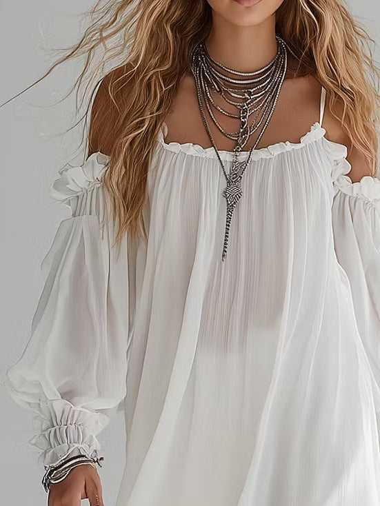 Abito Mini Fluttuante in Stile Bohemien con Spalle Scoperte