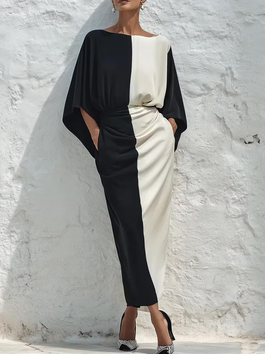 Set di due pezzi con top e gonna midi a contrasto di colore bianco e nero