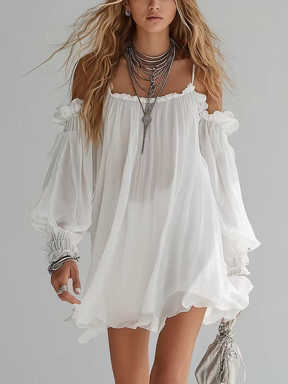 Abito Mini Fluttuante in Stile Bohemien con Spalle Scoperte
