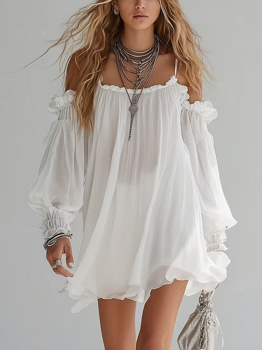Abito Mini Fluttuante in Stile Bohemien con Spalle Scoperte