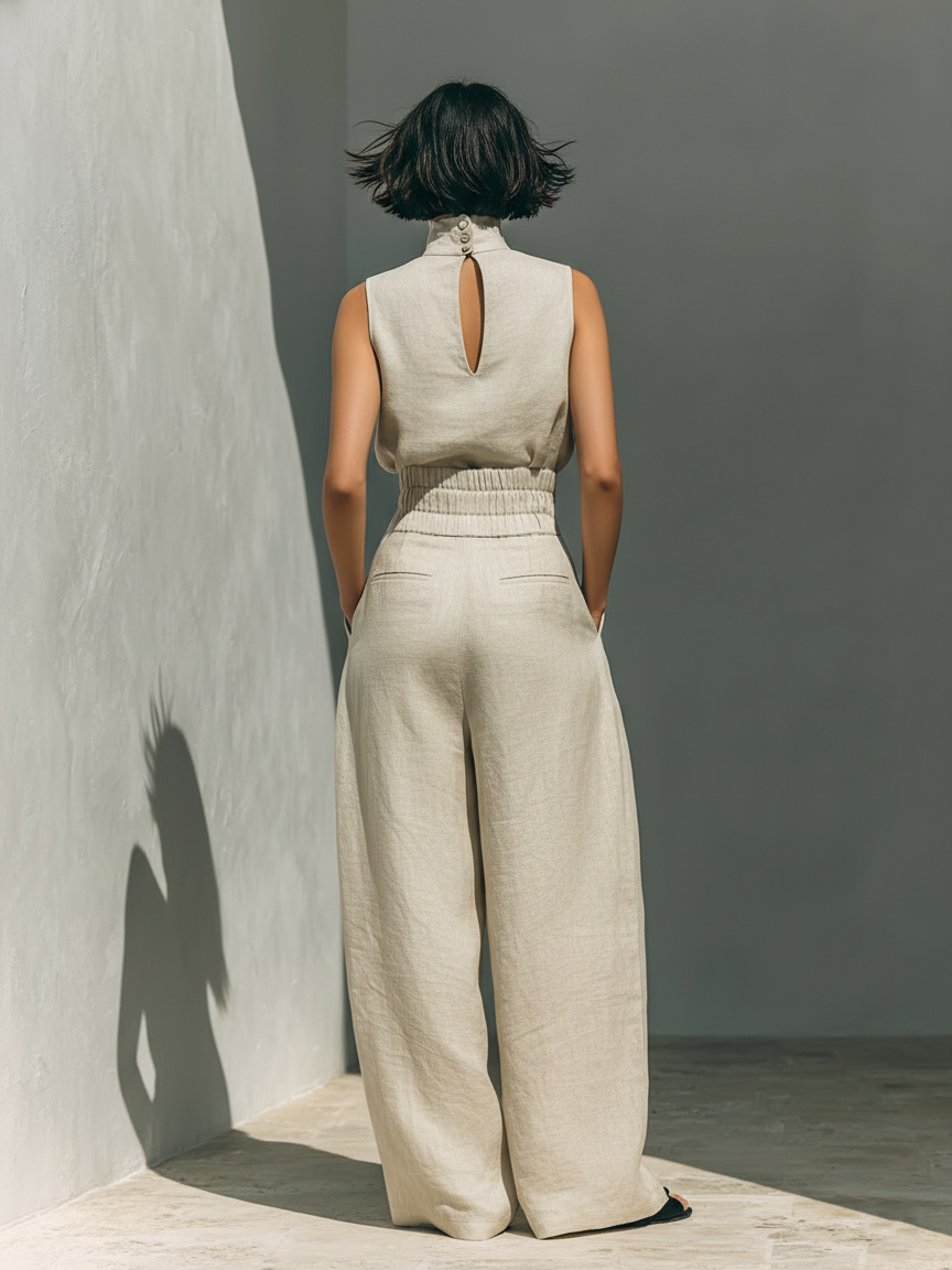 Set minimalista da donna in cotone e lino con blusa senza maniche e pantaloni a gamba larga
