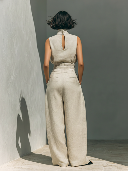 Set minimalista da donna in cotone e lino con blusa senza maniche e pantaloni a gamba larga