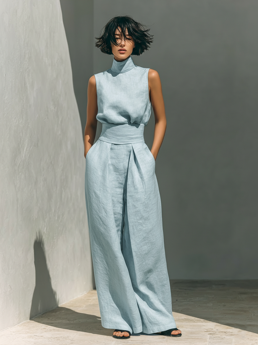 Set minimalista da donna in cotone e lino con blusa senza maniche e pantaloni a gamba larga