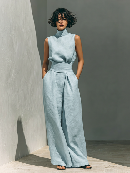 Set minimalista da donna in cotone e lino con blusa senza maniche e pantaloni a gamba larga