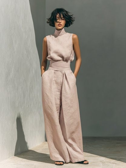 Set minimalista da donna in cotone e lino con blusa senza maniche e pantaloni a gamba larga