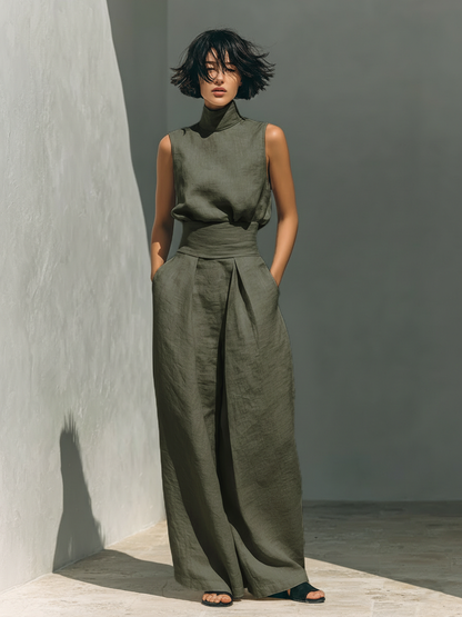 Set minimalista da donna in cotone e lino con blusa senza maniche e pantaloni a gamba larga