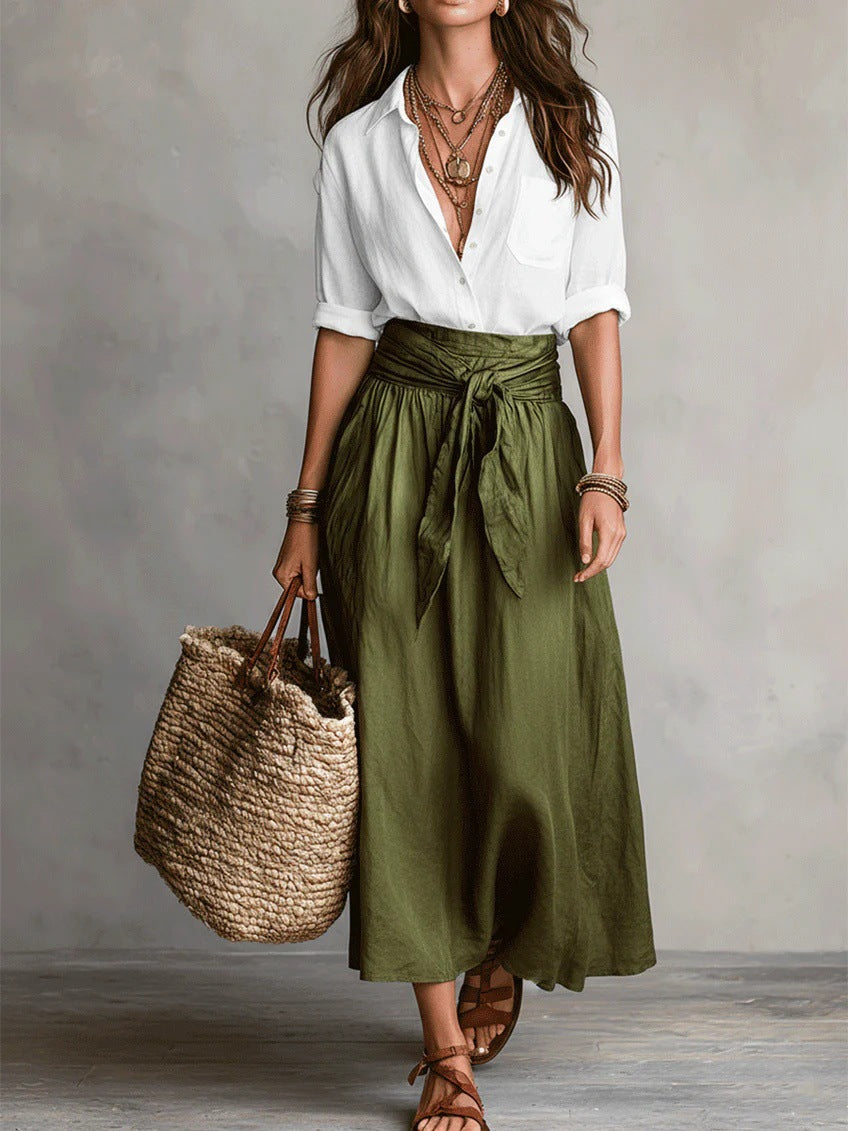 Riviera | Set di Due Pezzi: Top Nero e Gonna Midi Verde Oliva