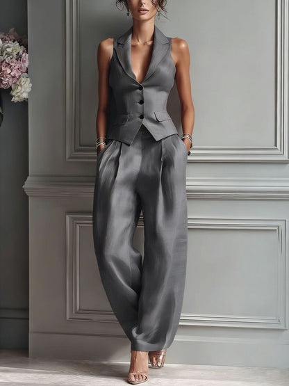 Set da donna a due pezzi con scollatura a V e bottoni