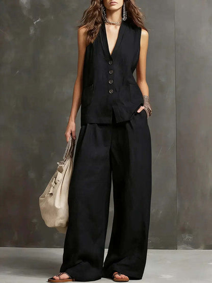 Completo a Due Pezzi in Cotone e Lino con Gilet Senza Maniche e Pantaloni a Gamba Larga