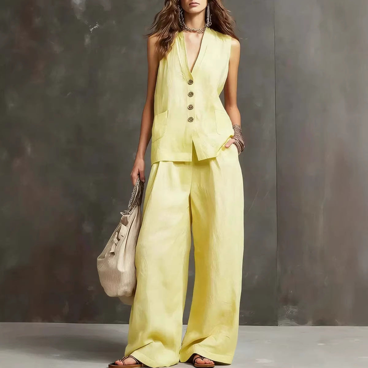 Completo a Due Pezzi in Cotone e Lino con Gilet Senza Maniche e Pantaloni a Gamba Larga