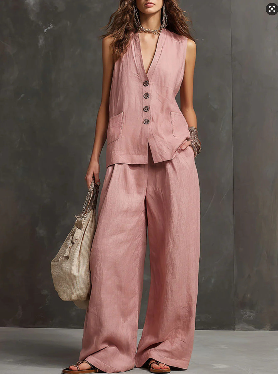 Completo a Due Pezzi in Cotone e Lino con Gilet Senza Maniche e Pantaloni a Gamba Larga