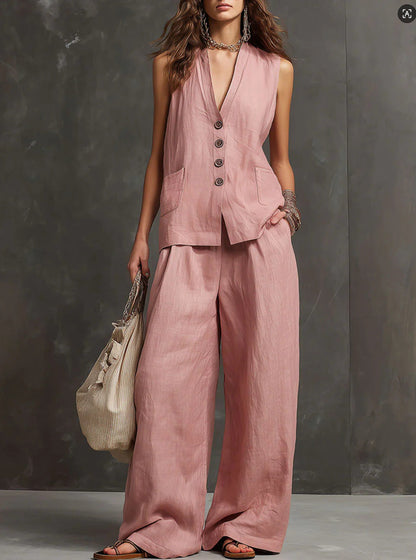 Completo a Due Pezzi in Cotone e Lino con Gilet Senza Maniche e Pantaloni a Gamba Larga