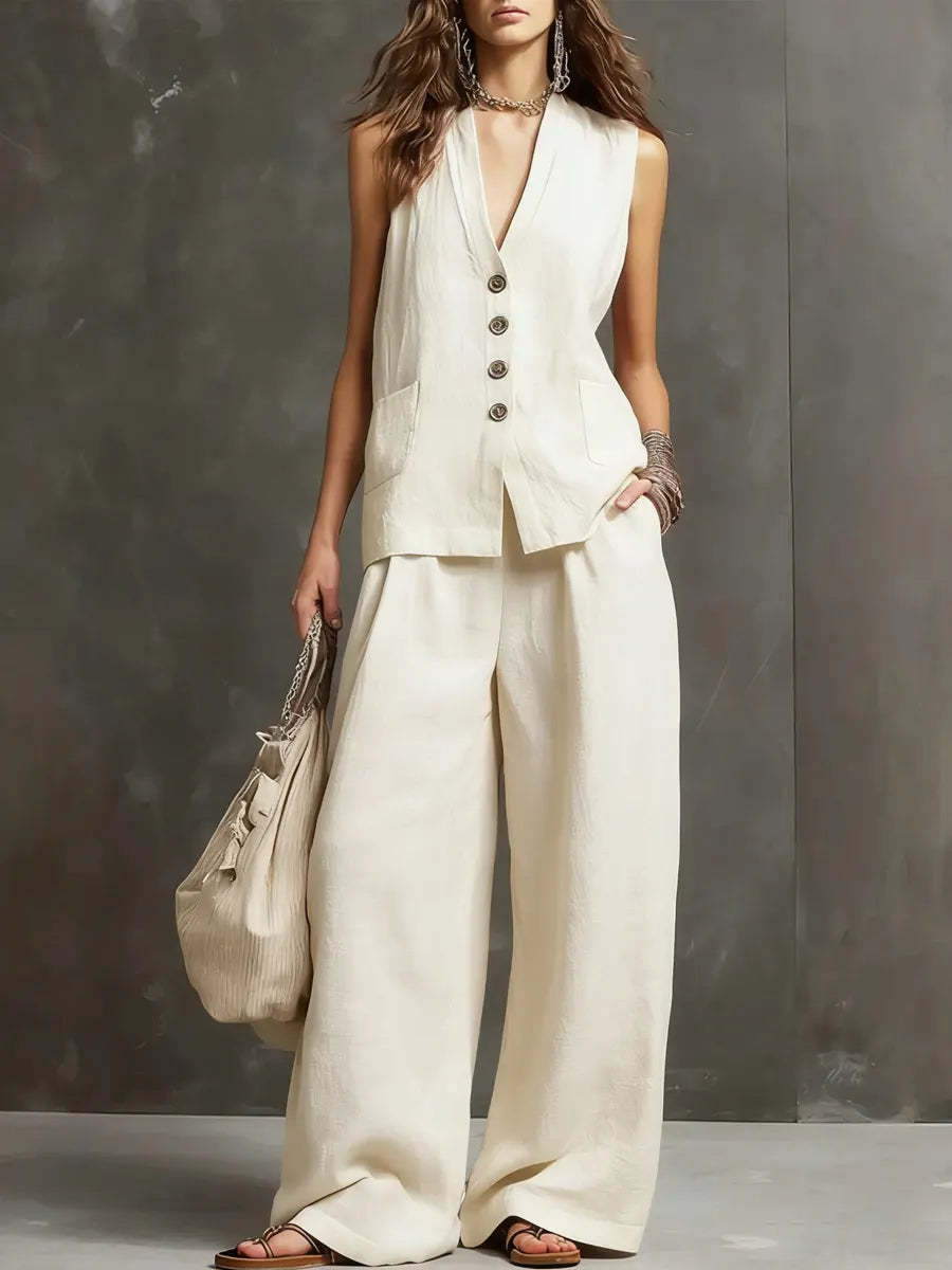 Completo a Due Pezzi in Cotone e Lino con Gilet Senza Maniche e Pantaloni a Gamba Larga