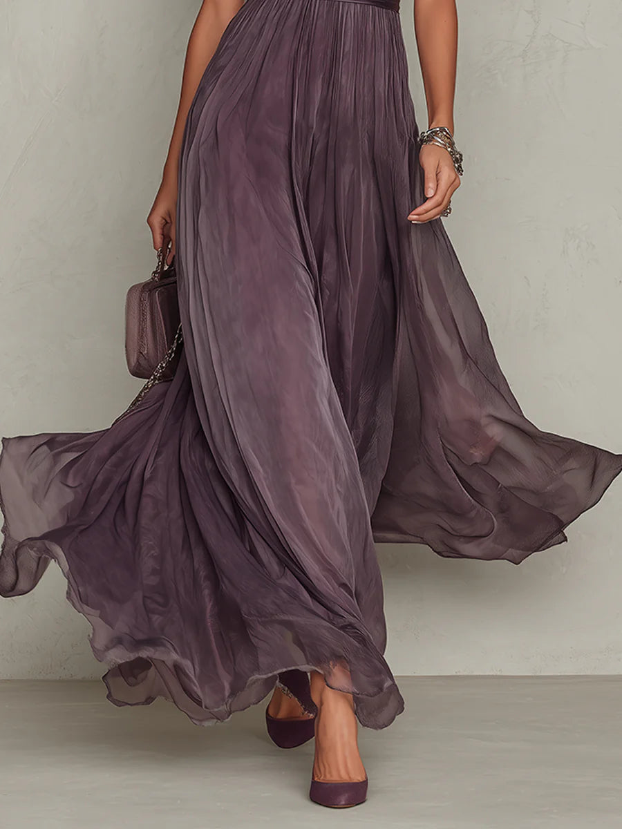Flavia | Abito lungo viola con scollatura a chiave, bordo in pizzo di chiffon