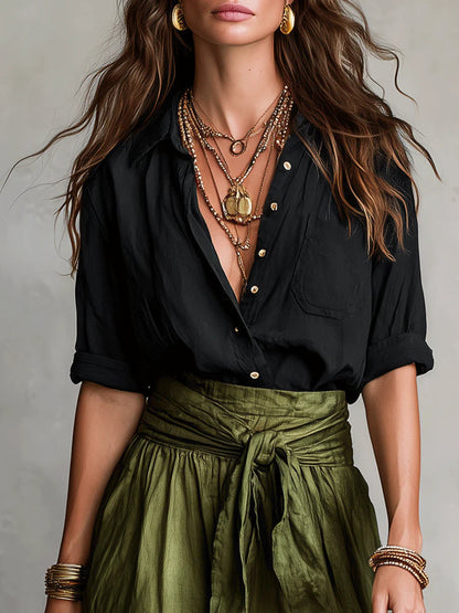Riviera | Set di Due Pezzi: Top Nero e Gonna Midi Verde Oliva