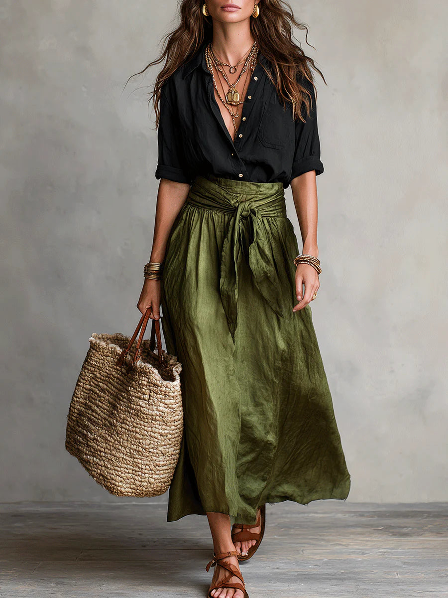 Riviera | Set di Due Pezzi: Top Nero e Gonna Midi Verde Oliva