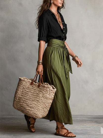 Riviera | Set di Due Pezzi: Top Nero e Gonna Midi Verde Oliva