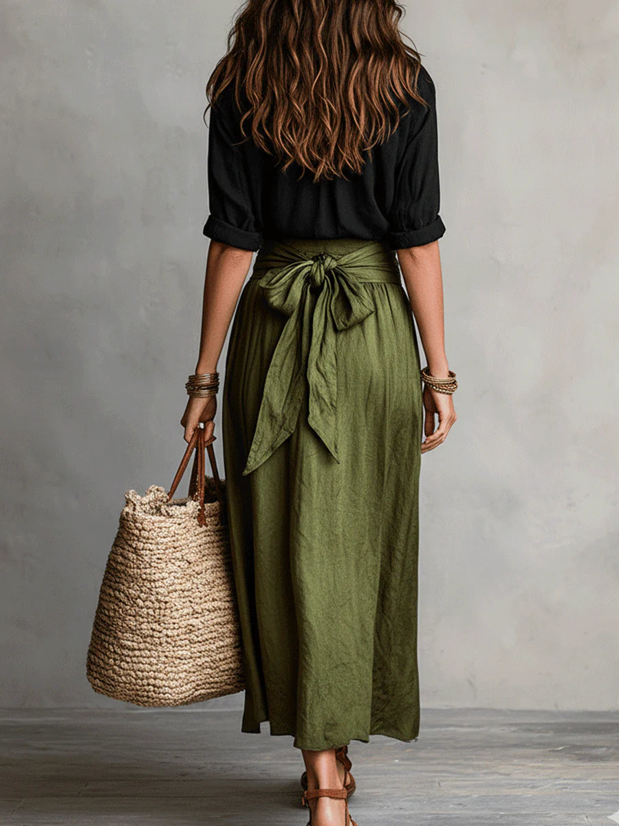 Riviera | Set di Due Pezzi: Top Nero e Gonna Midi Verde Oliva