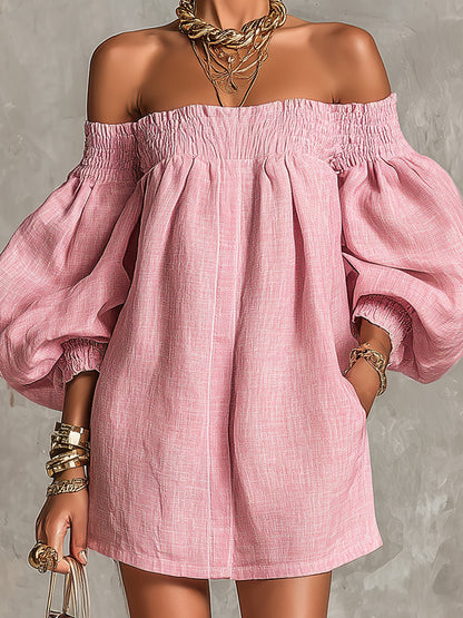 Abito Mini A-line Rosa con Maniche a Lantern e Spalle Scoperte
