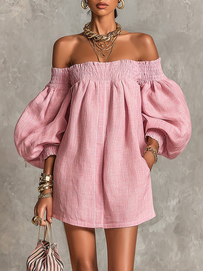 Abito Mini A-line Rosa con Maniche a Lantern e Spalle Scoperte