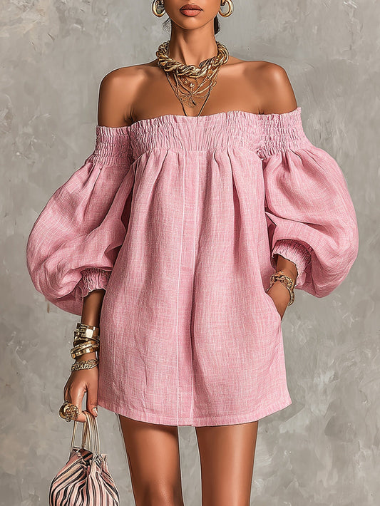 Abito Mini A-line Rosa con Maniche a Lantern e Spalle Scoperte