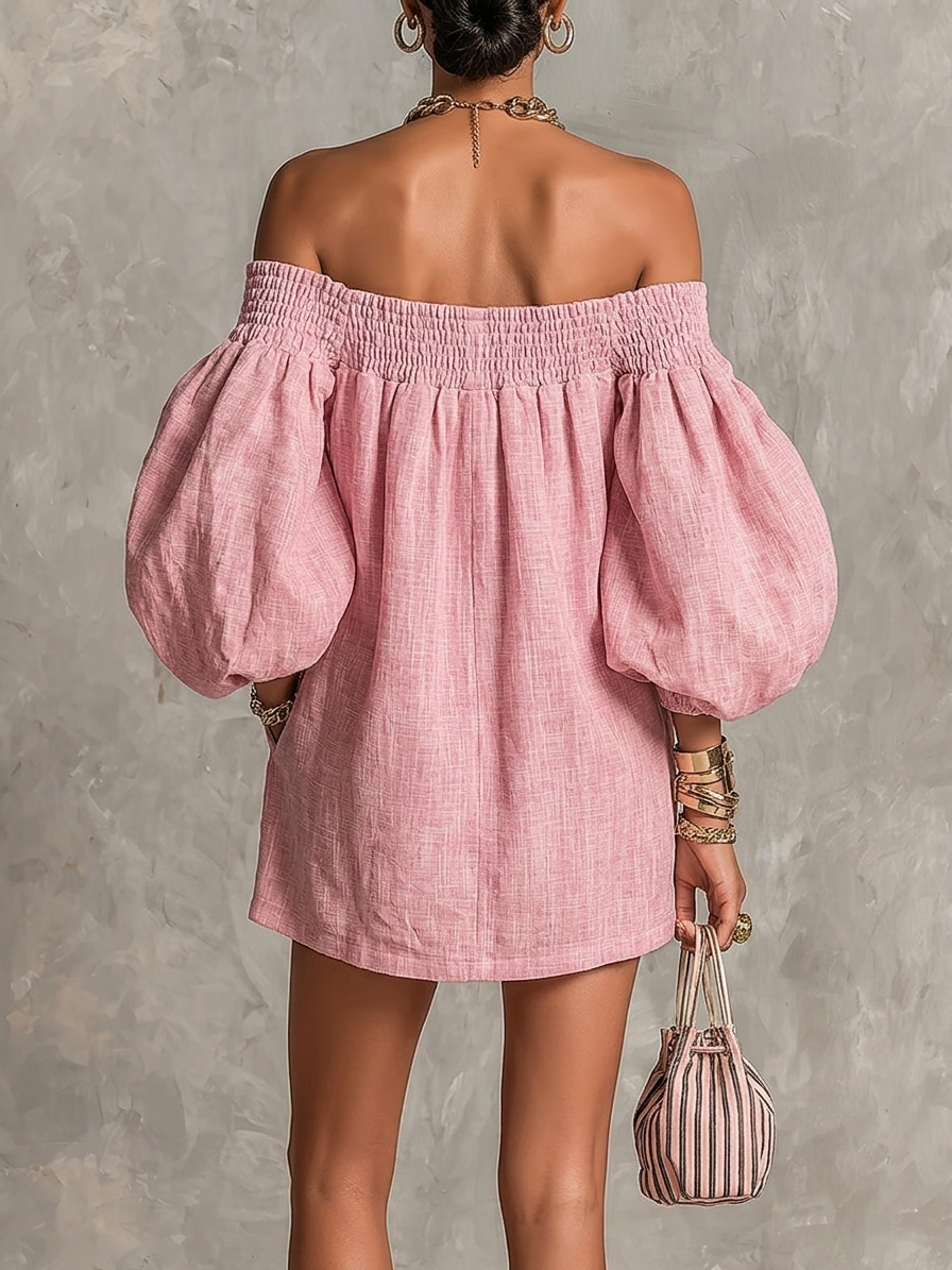 Abito Mini A-line Rosa con Maniche a Lantern e Spalle Scoperte