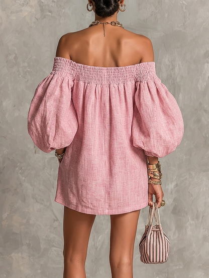 Abito Mini A-line Rosa con Maniche a Lantern e Spalle Scoperte