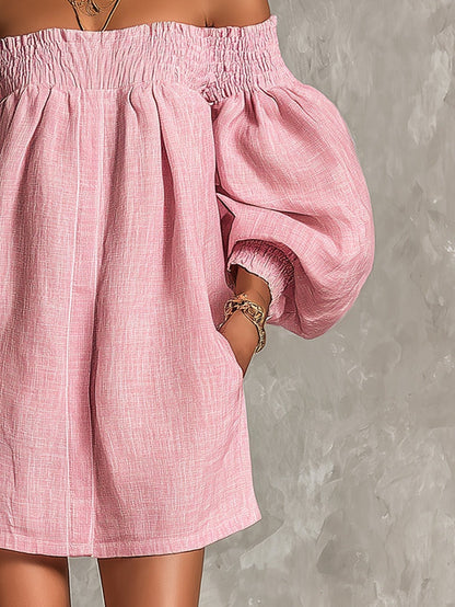 Abito Mini A-line Rosa con Maniche a Lantern e Spalle Scoperte
