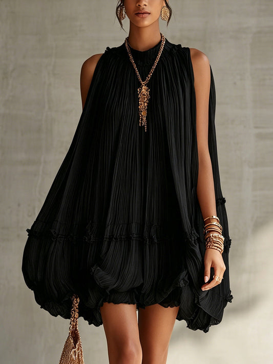 Abito Mini Bubble in Chiffon Nero con Collo Halter e Volant