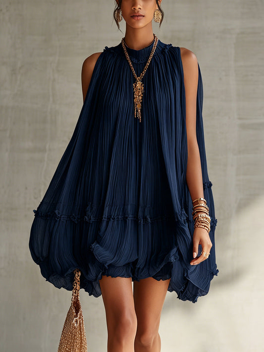 Abito Mini Bubble in Chiffon Ruffle con Scollo Halter Blu Navy