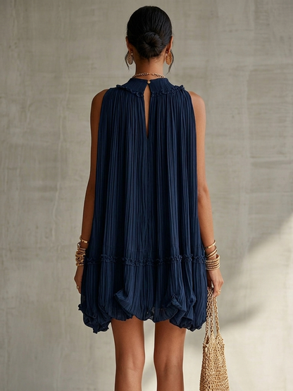 Abito Mini Bubble in Chiffon Ruffle con Scollo Halter Blu Navy