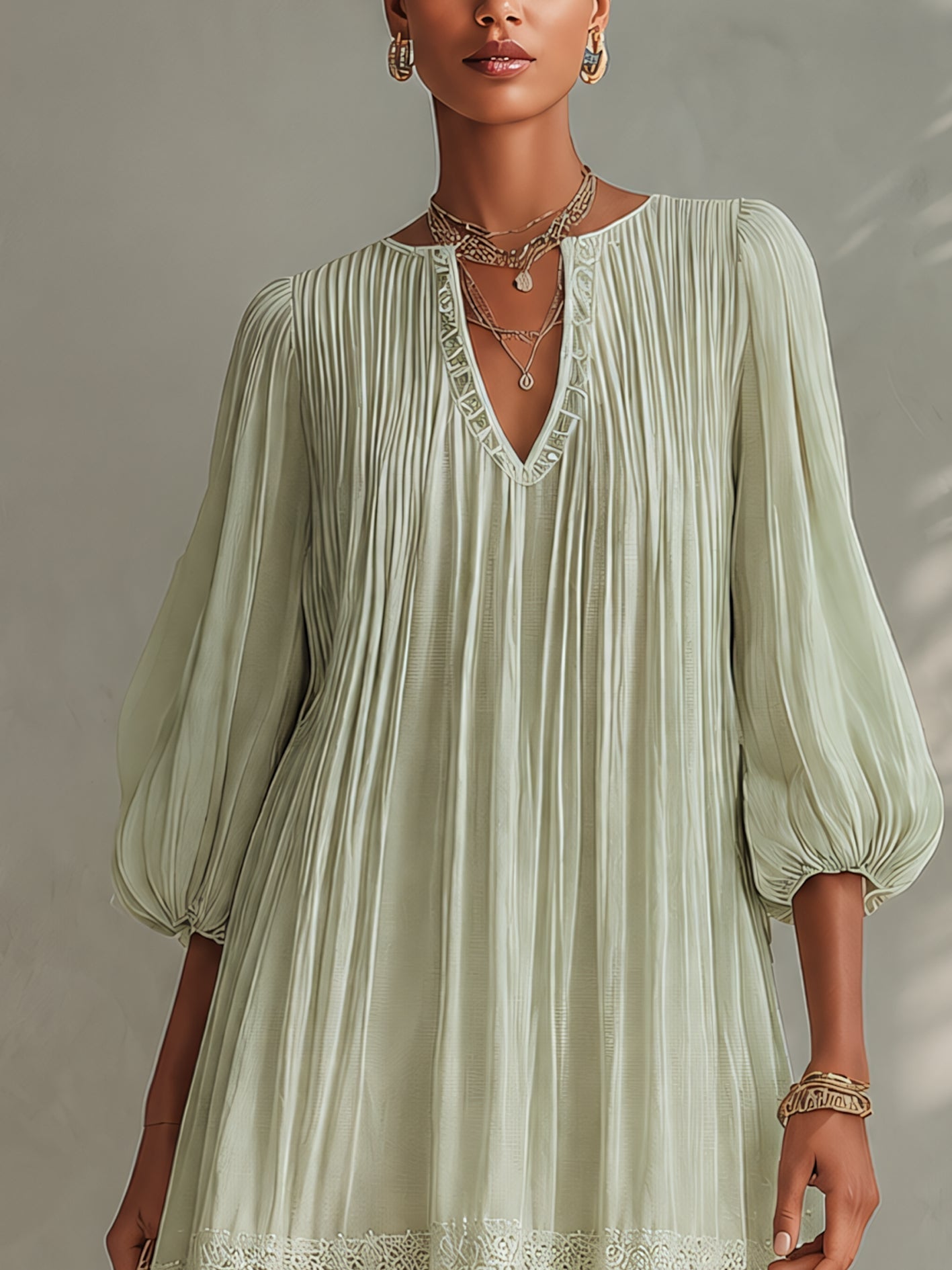 Abito Mini in Chiffon Pieghettato Verde Chiaro con Maniche a Lanternina in Pizzo