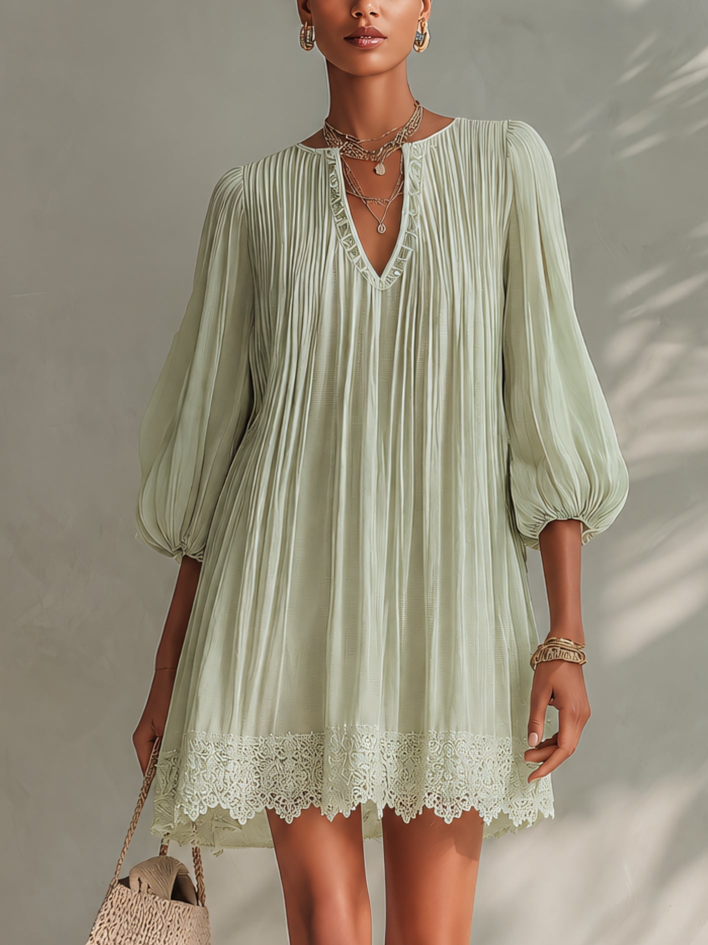 Abito Mini in Chiffon Pieghettato Verde Chiaro con Maniche a Lanternina in Pizzo