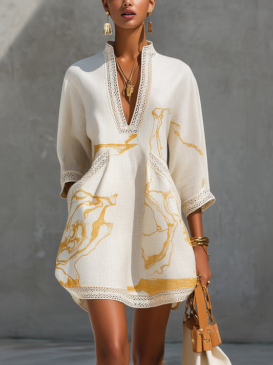 Abito Mini in Pizzo all'Uncinetto con Scollatura a V in Oro Avorio