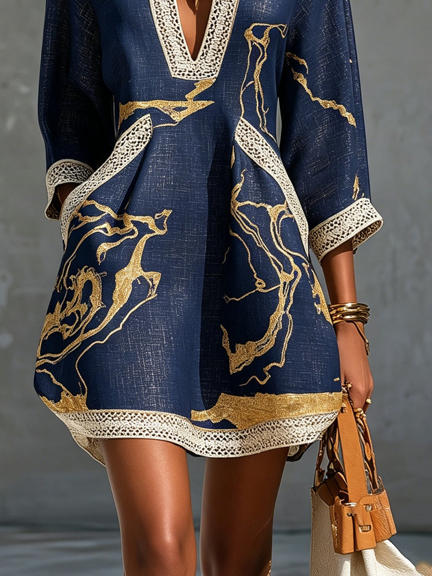 Abito Mini in Pizzo all'Uncinetto con Scollo a V Stampato Oro Navy