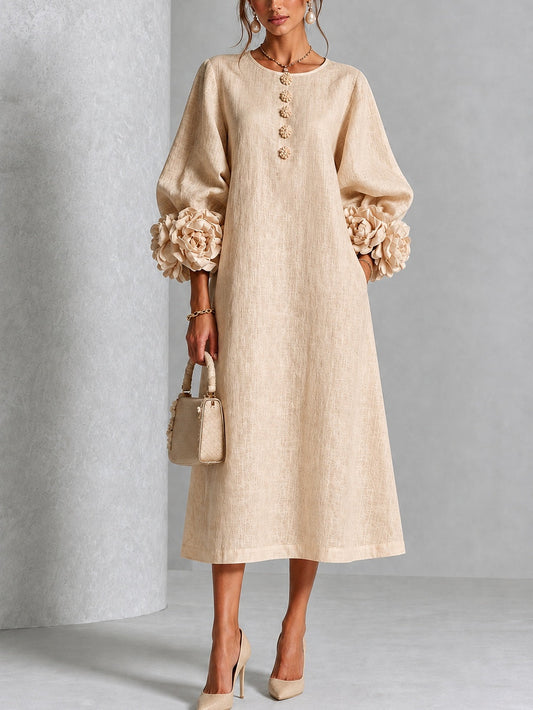 Abito Midi Beige a Fiori con Bottoni e Maniche a Fiori Stravaganti