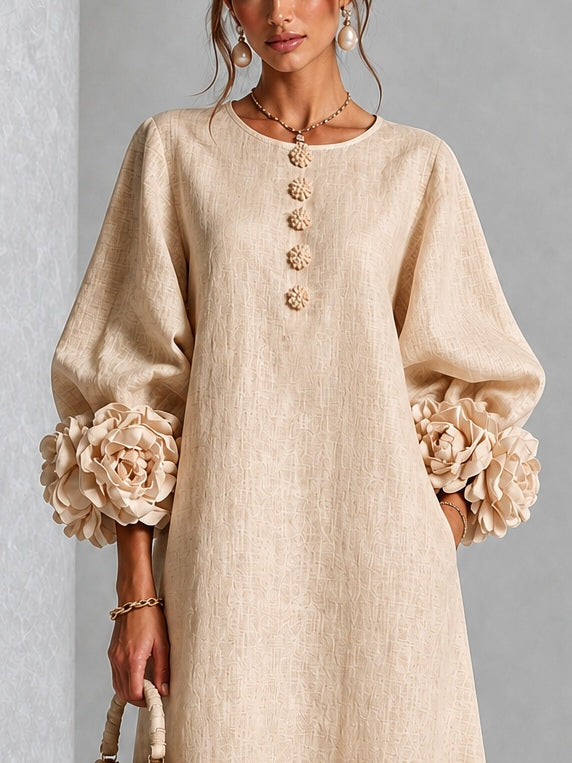 Abito Midi Beige a Fiori con Bottoni e Maniche a Fiori Stravaganti