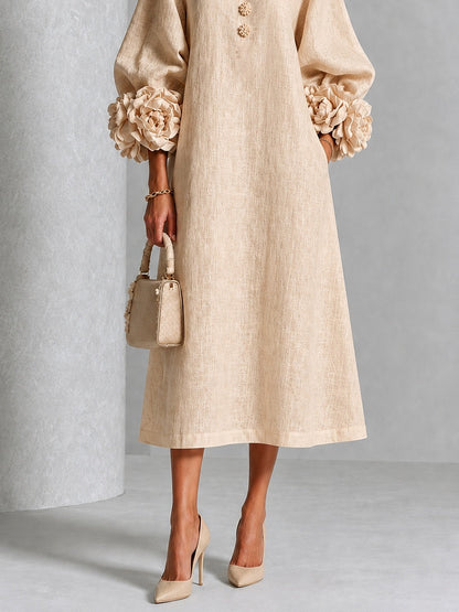 Abito Midi Beige a Fiori con Bottoni e Maniche a Fiori Stravaganti