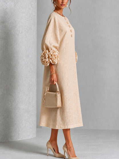 Abito Midi Beige a Fiori con Bottoni e Maniche a Fiori Stravaganti