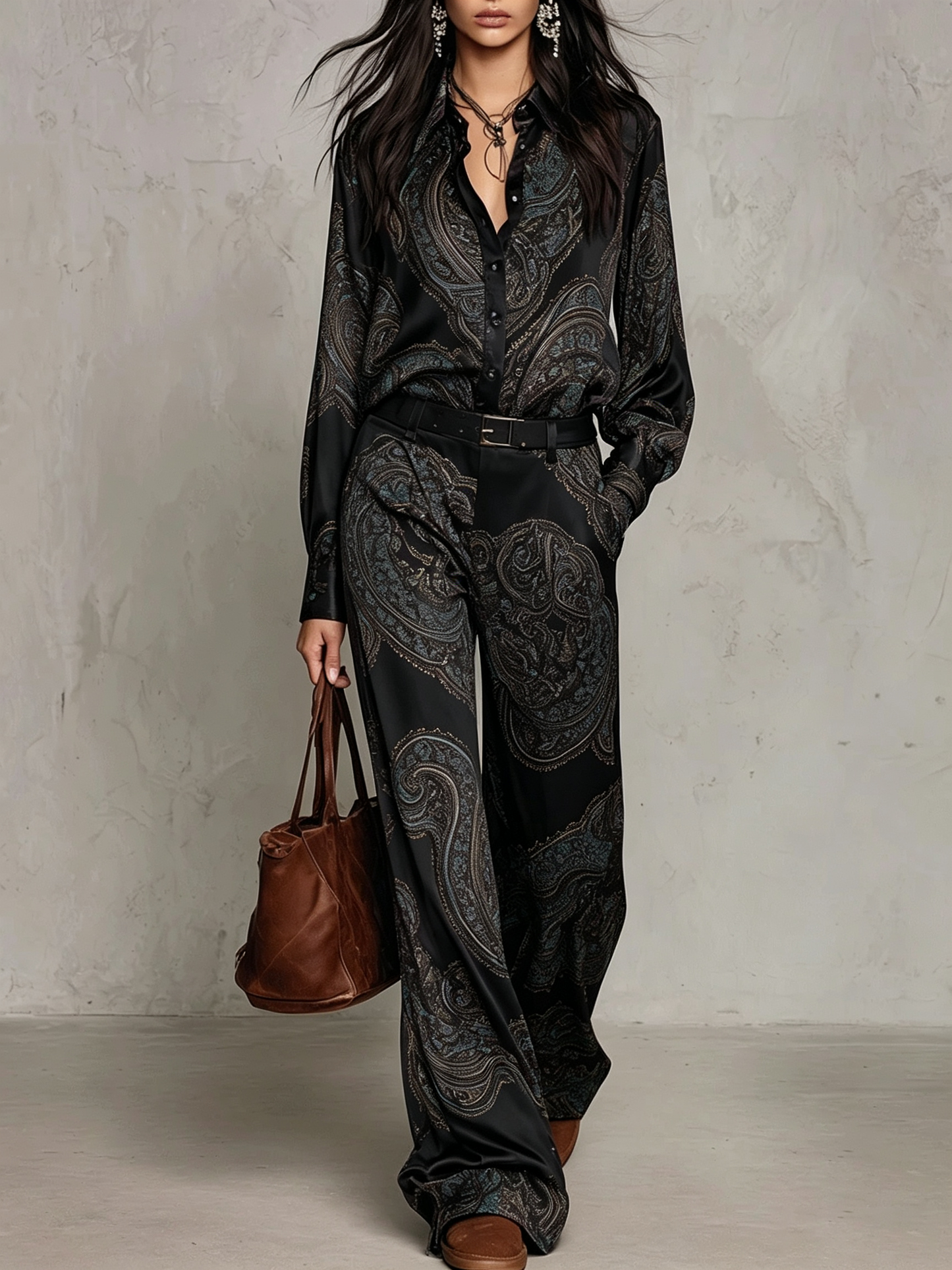 Rebeca | Completo di Camicia a Maniche Lunghe in Satin con Stampa Paisley Borgogna-Porpora e Pantaloni a Gamba Larga