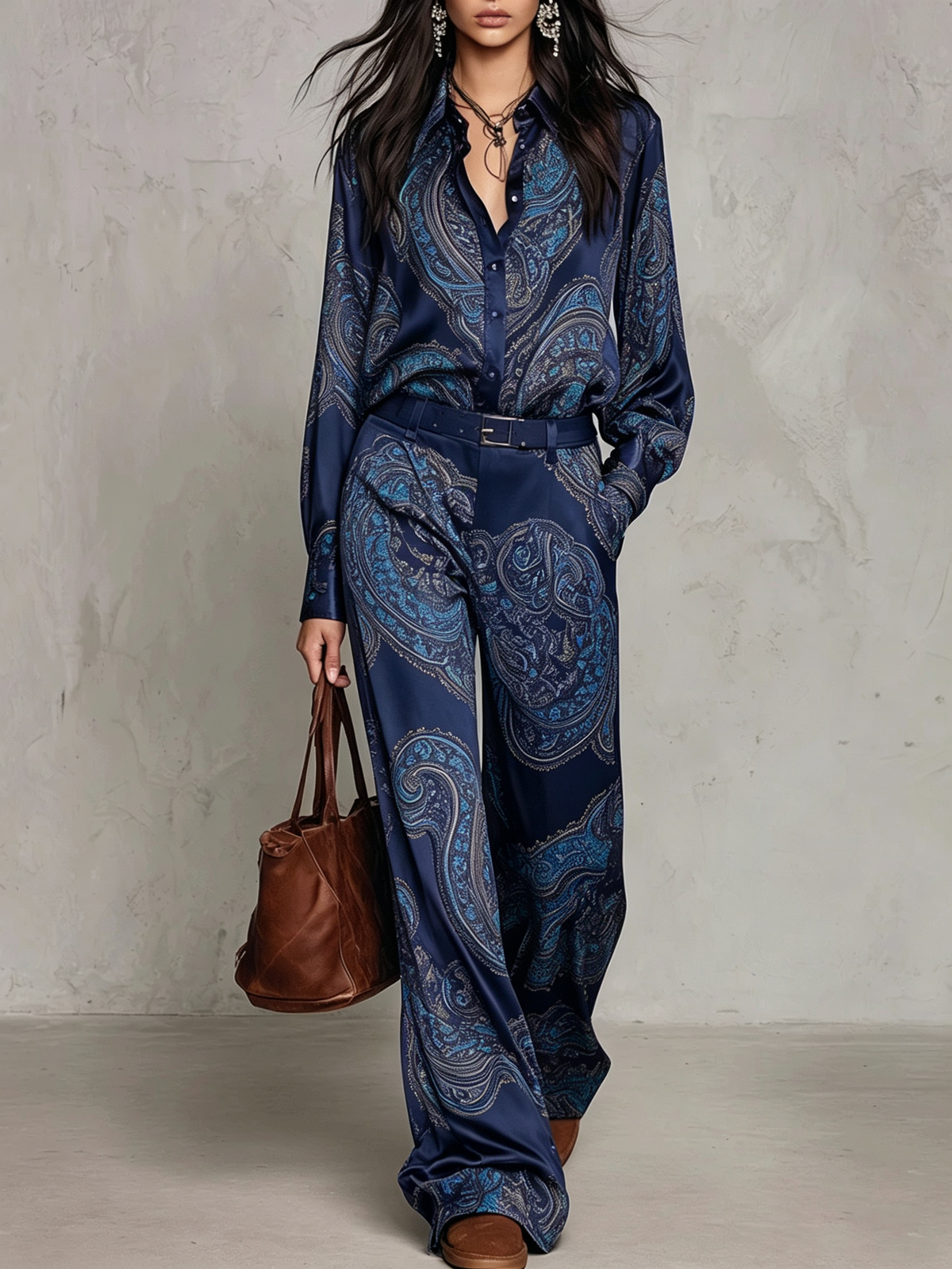 Rebeca | Completo di Camicia a Maniche Lunghe in Satin con Stampa Paisley Borgogna-Porpora e Pantaloni a Gamba Larga