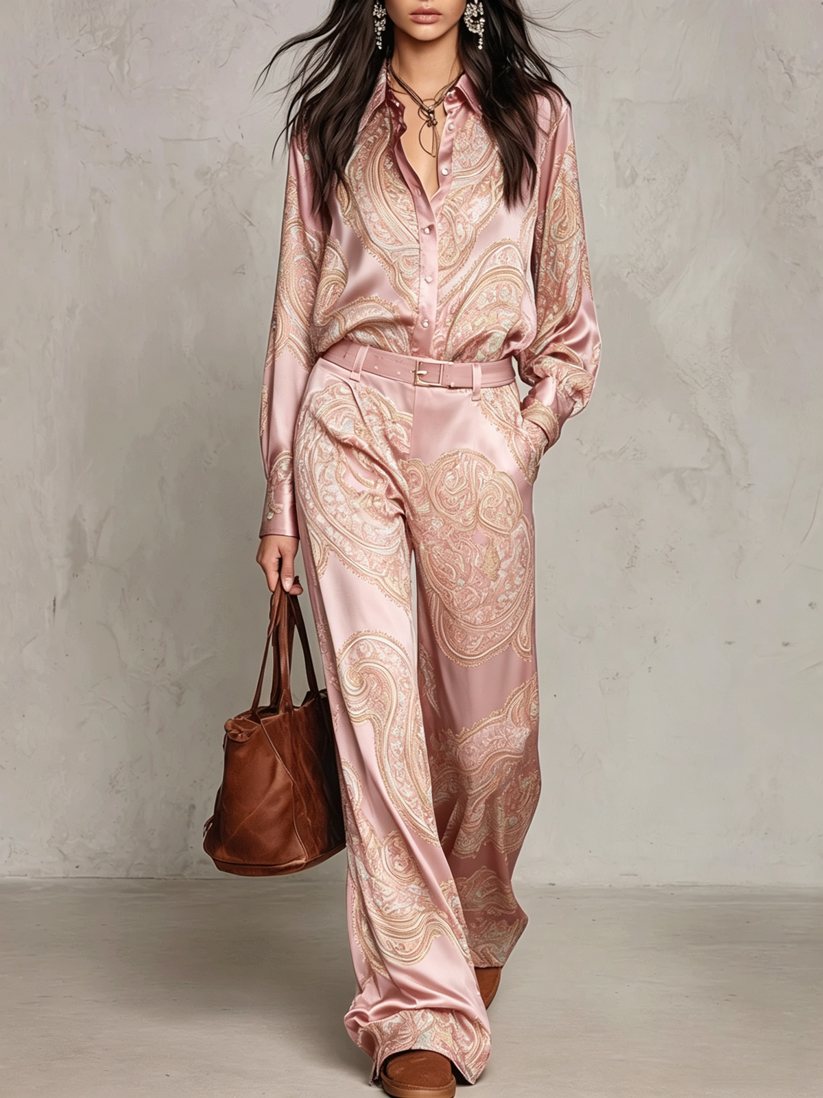 Rebeca | Completo di Camicia a Maniche Lunghe in Satin con Stampa Paisley Borgogna-Porpora e Pantaloni a Gamba Larga
