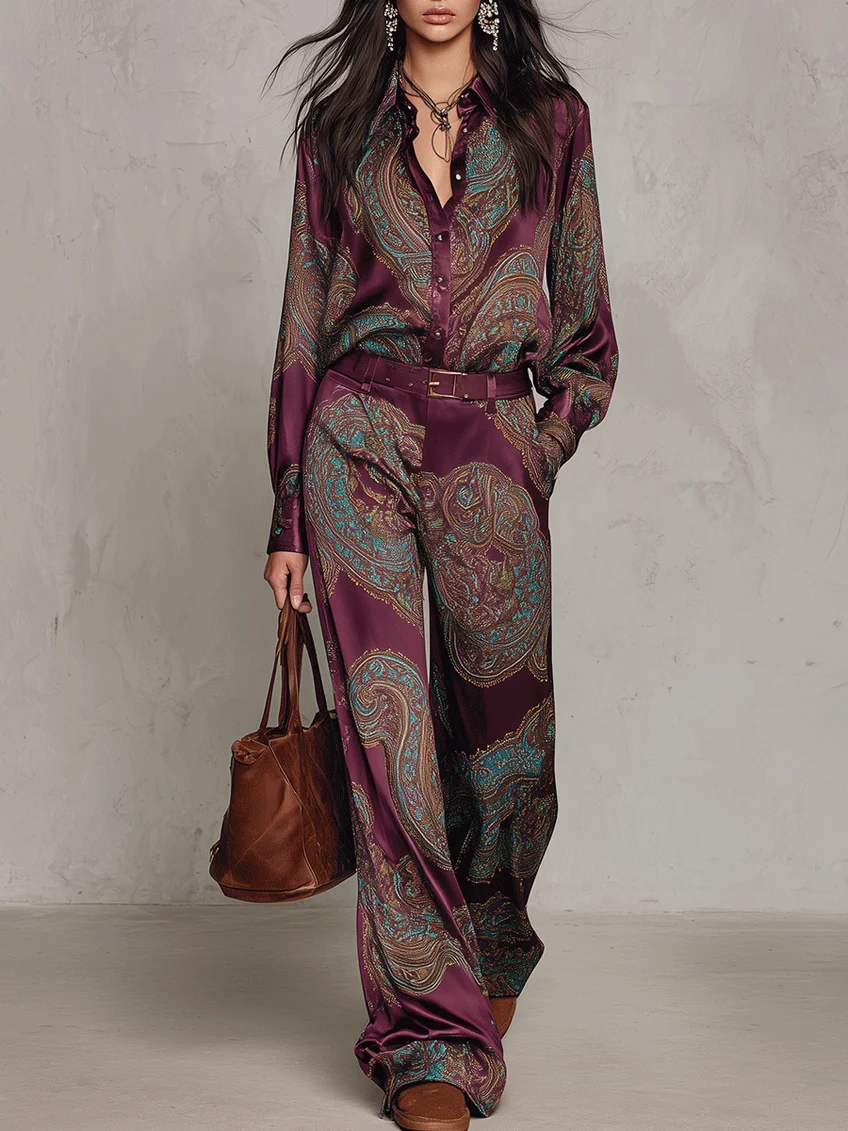 Rebeca | Completo di Camicia a Maniche Lunghe in Satin con Stampa Paisley Borgogna-Porpora e Pantaloni a Gamba Larga